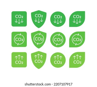 CO2 emission reduction neutral banner icon set bundle. Zero carbon footprint, greenhouse effect, stop global warming green eco labels isolated on white background collection. Flat vector icon pack.