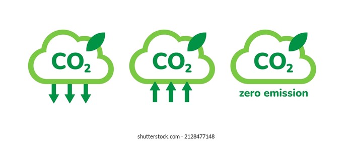 CO2 emission, reduction, neutrality concept vector flat icon set. Carbon dioxide zero footprint, carbon gas air pollution protection, ecology environment CO2 green clouds for your designs.