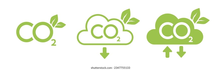 CO2 emission reduction neutrality concept icon set. Cloud shape banners with zero footprint, CO2 neutral. Green eco friendly stop global warming. Vector illustration