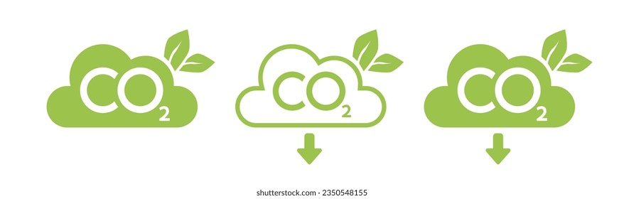 CO2 emission reduction neutrality concept icon set. Cloud shape banners with zero footprint, CO2 neutral. Green eco friendly stop global warming. Vector illustration