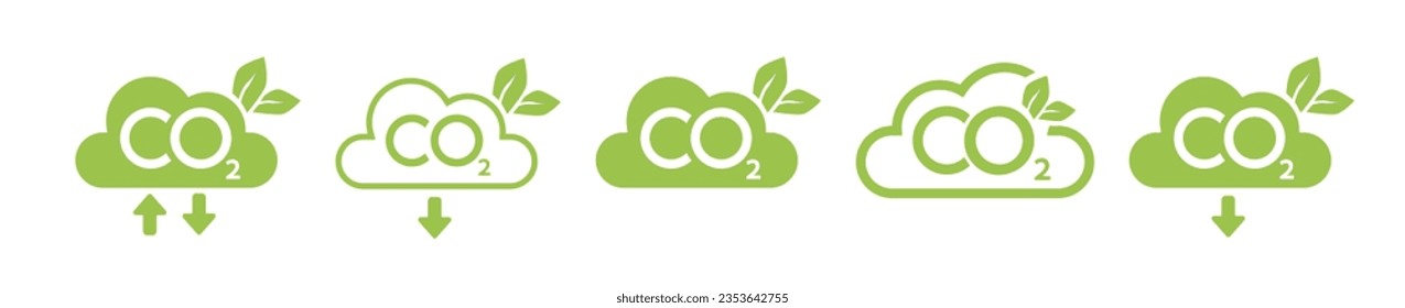 CO2 emission reduction neutrality concept icon set. Cloud shape banners with zero footprint, CO2 neutral. Green eco friendly stop global warming. Vector illustration