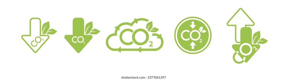 CO2 emission reduction neutrality concept icon set. Cloud shape banners with zero footprint, CO2 neutral. Green eco friendly stop global warming. Vector