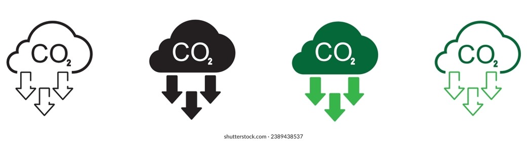 CO2 emission, reduction, neutrality concept vector flat icon set. Carbon dioxide zero footprint, carbon gas air pollution protection, ecology environment CO2 green clouds for your designs.