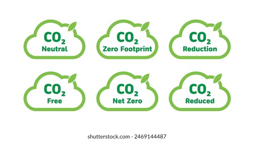 CO2 emission reduction neutrality concept icon set. Cloud shape banners with zero footprint, CO2 neutral, CO2 reduced labels for your design. Green eco friendly stop global warming vector illustration