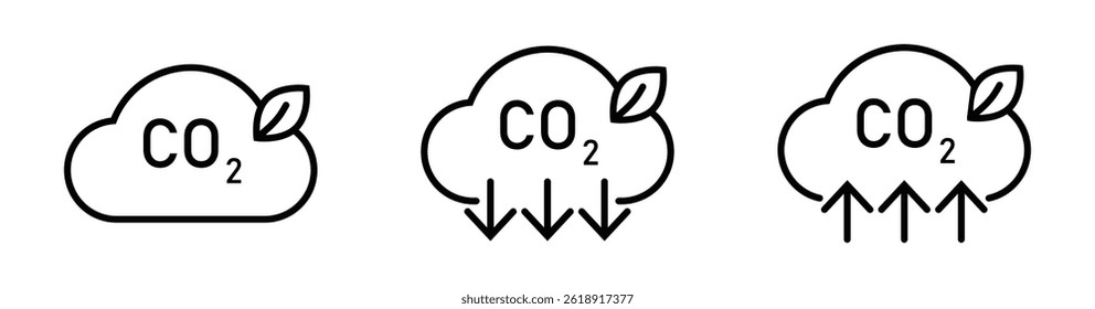 CO2 emission, reduction, neutrality concept vector flat icon set. Carbon dioxide zero footprint, carbon gas air pollution protection, ecology environment CO2 green clouds for your designs