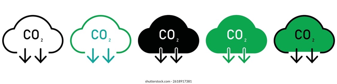 CO2 emission, reduction, neutrality concept vector flat icon set. Carbon dioxide zero footprint, carbon gas air pollution protection, ecology environment CO2 green clouds for your designs
