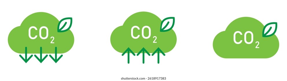 CO2 emission, reduction, neutrality concept vector flat icon set. Carbon dioxide zero footprint, carbon gas air pollution protection, ecology environment CO2 green clouds for your designs