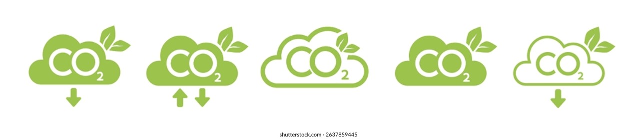 CO2 emission reduction neutrality concept icon set. Cloud shape banners with zero footprint, CO2 neutral. Green eco friendly stop global warming. Vector