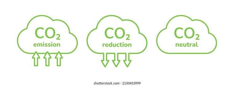 CO2 emission reduction outline icon set. Zero carbon footprint concept. Stop global warming, greenhouse gas effect. Green ecology environment linear cloud symbols. Line vector illustration.