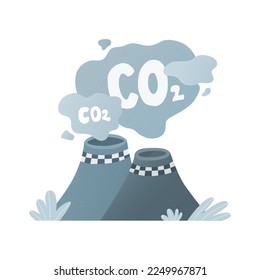 CO2 emission reduction. Power station plant generates carbon greenhouse gas fumes. Carbon emissions air pollution by industrial factory building cooling towers. Stop global warming flat vector.