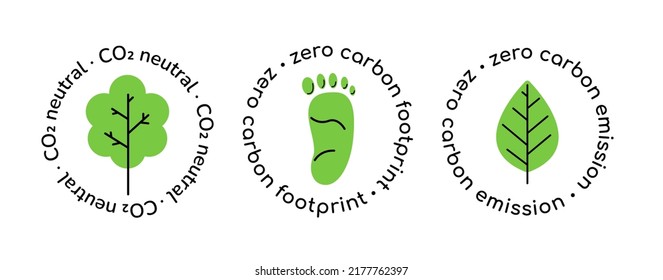 CO2 emission reduction round certificate set. Zero carbon emission, CO2 neutral, zero footprint. Eco friendly icon set. Stop global warming, reduce greenhouse gas emission rubber stamp set.