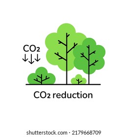 CO2 emission reduction trees linear style vector icon. Zero carbon footprint, CO2 neutral, carbon offset concept. Linear forest with CO2 reduction arrow symbol sign. Stop global warming greenhouse gas