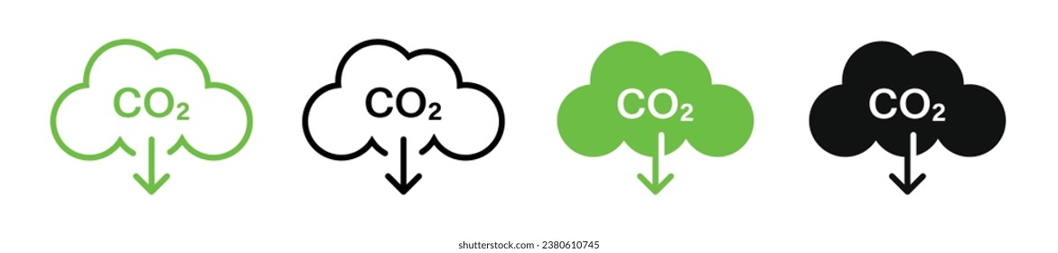 CO2 emission reduction vector icons. Reduce carbon footprint graphics, eco-friendly symbols, climate change concepts, environmental awareness designs.