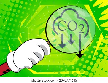 CO2-Emissionszeichen, Kohlendioxid-Symbol unter Lupe auf Comicbuchhintergrund.