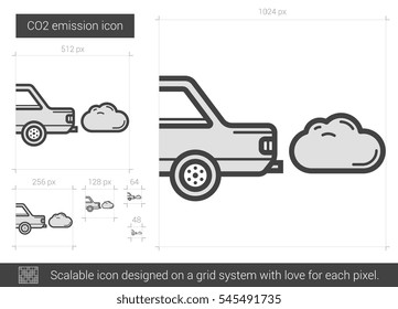 Icono de línea vectorial de emisión de CO2 aislado en fondo blanco. Icono de línea de emisión de CO2 para infografía, sitio web o aplicación. Icono escalable diseñado en un sistema de cuadrícula.