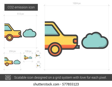 Ícone de linha vetorial de emissão de CO2 isolado no fundo branco. Ícone da linha de emissão de CO2 para infográfico, site ou aplicativo. Ícone escalável projetado em um sistema de grade.