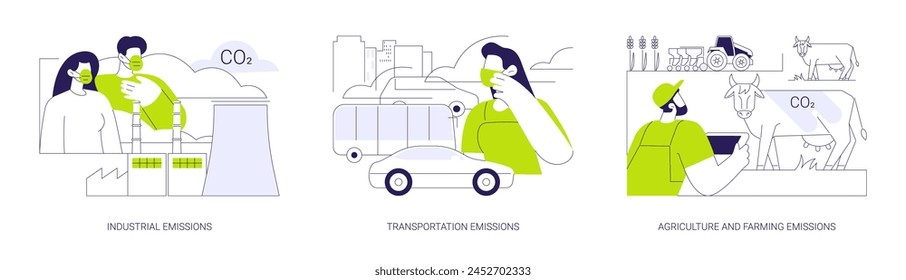 CO2 emissions abstract concept vector illustration set. Industrial and transportation toxic gas emissions, agriculture and farming carbon footprint, climate change, global warming abstract metaphor.