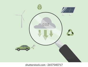 CO2 Emissions Analysis Renewable Energy Solutions. Renewable energy sources including wind turbine, solar panel, electric car and recycling symbol. Flat style. Carbon footprint. Vector illustration