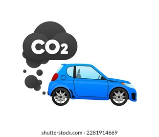 Emisiones de CO2, emisiones de dióxido de carbono, contaminación por niebla tóxica, contaminante por humo. El coche emite dióxido de carbono, contaminando el medio ambiente. Ilustración vectorial.