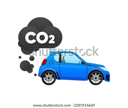 CO2 emissions, carbon dioxide emits, smog pollution, smoke pollutant. The car emits carbon dioxide, polluting the environment. Vector illustration.