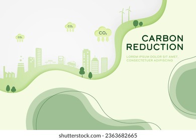 Emisiones de CO2, Reducción de Dióxido de Carbono. Desarrollo sostenible de energías renovables, economía circular. Concepto ambiental y ecológico, ilustración vectorial.