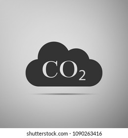 CO2 emissions in cloud icon isolated on grey background. Carbon dioxide formula symbol, smog pollution concept, environment concept, combustion products sign. Flat design. Vector Illustration