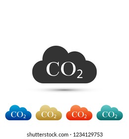 CO2 emissions in cloud icon isolated on white background. Carbon dioxide formula symbol, smog pollution concept, environment concept. Set elements in colored icons. Flat design. Vector Illustration