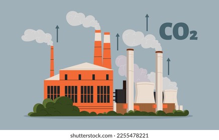 concepto de emisiones de CO2. Plantas con desechos, contaminación de la atmósfera y el medio ambiente, clima. El smog proviene de tuberías, producción y fabricación sucias. Dibujo vectorial plano de dibujos animados