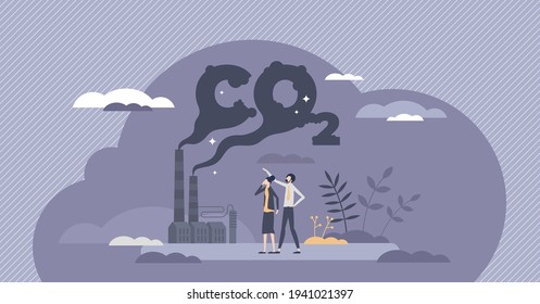 CO2 emissions as dangerous carbon dioxide air pollution tiny person concept. Environmental footprint with greenhouse gases and global warming vector illustration. Factory chimney with smoke cloud.