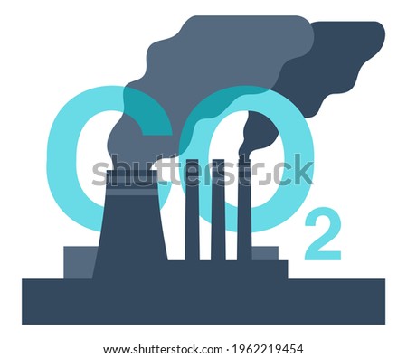 CO2 emissions - dangerous carbon dioxide air pollution of industry. Environmental footprint with greenhouse gases and global warming. Factory chimney with smoking pipes. Vector illustration