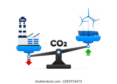 CO2 emissions. Eco compensation to reduce CO2. Zero emissions or carbon dioxide emission. Neutral balance. Scales with plants and factory. Vector illustration.