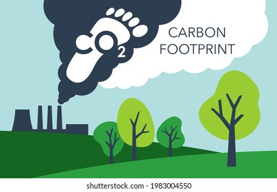 CO2 emissions - footprint of carbon dioxide air pollution of industry. Environmental footprint with greenhouse gases and global warming. Factory chimney with smoking pipes. Vector illustration