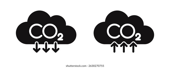 CO2 emissions icons set. Ecology and environment symbol, carbon dioxide pollution, reduce co2 gas, carbon reduction cloud, zero carbon emission. Vector illustration.