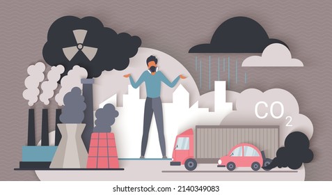 CO2 Emissions. Man Breathing Through Filter Mask To Reduce Health Effects Of Toxic Chemical Fumes From Factory And Transport, Smog 3d Flat Vector Illustration. Carbon Dioxide Gas Pollution Of Air Conc