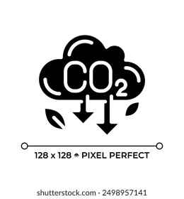 CO2 emissions pixel perfect black glyph icon. Greenhouse gas. Pollution reduce. Global warming, climate change. Silhouette symbol on white space. Solid pictogram. Vector isolated illustration