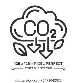 CO2 emissions pixel perfect linear icon. Greenhouse gas. Pollution reduce, decarbonization. Global warming, climate. Thin line illustration. Contour symbol. Vector outline drawing. Editable stroke