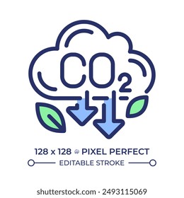 Emisiones de CO2 pixel icono de color RGB perfecto. Gases de efecto invernadero. Reducción de la contaminación, descarbonización. Calentamiento global, cambio climático. Ilustración vectorial aislada. Dibujo de líneas rellenas simples. Trazo editable