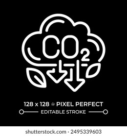 CO2 emissions pixel perfect white linear icon for dark theme. Greenhouse gas. Pollution reduce. Global warming, climate change. Thin line illustration. Isolated symbol for night mode. Editable stroke