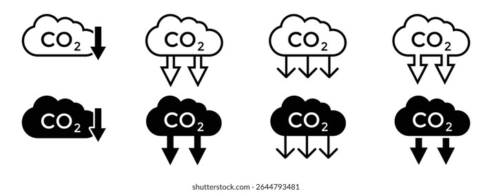 Conjunto de Ícones de Emissões e Redução de CO2 - Símbolos de Nuvem de Vetor Preto para Emissões de Carbono e Clima , ilustração vetorial.