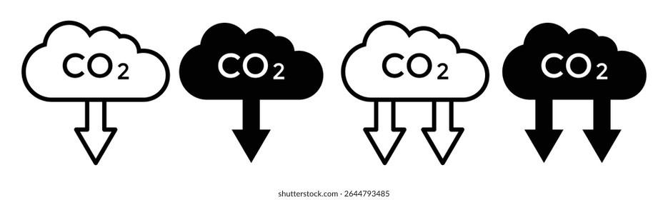 CO2 Emissions and Reduction Icon Set – Black Vector Cloud Symbols for Carbon Footprint and Climate , vector illustration.