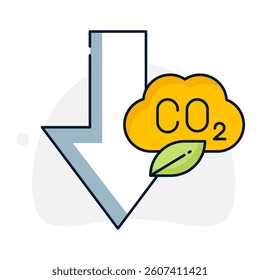 CO2 Emissions Reduction Symbol with Down Arrow and Cloud. Eco Leaf and Carbon Footprint Minimization Graphic
