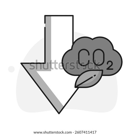 CO2 Emissions Reduction Symbol with Down Arrow and Cloud. Eco Leaf and Carbon Footprint Minimization Graphic. co2 reduction, carbon footprint icon.