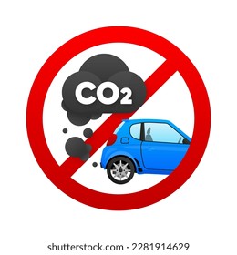 Emisiones de CO2. Señal de prohibición de autos con mala ecología. Emisiones de dióxido de carbono, contaminación por niebla tóxica, contaminante por humo. El coche emite dióxido de carbono, contaminando el medio ambiente. Ilustración vectorial.