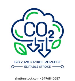 CO2 emissions two color line icon. Greenhouse gas. Pollution reduce. Global warming, climate change bicolor outline symbol. Duotone linear pictogram. Isolated illustration. Editable stroke