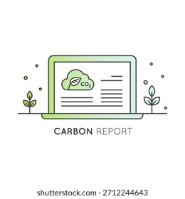 Icono de Vector de emisiones de CO2, informe de huella de carbono, monitoreo de GEI, datos ESG, métricas de responsabilidad, cumplimiento normativo, sostenibilidad, impacto climático. Herramientas Corporativas de las emisiones, ordenador, ordenador portátil