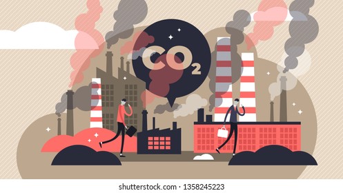 CO2 emissions vector illustration. Flat tiny air pollution person concept. Environmental danger from electricity industry factories. Greenhouse warming effect in city. Toxic smoke from chimney exhaust