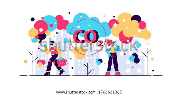 CO2 emissions vector illustration. Flat tiny air\
pollution person concept. Environmental danger from electricity\
industry factories. Greenhouse warming effect in city. Toxic smoke\
from chimney exhaust