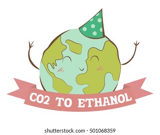 CO2 to ethanol, happy planet Earth celebrates this discovery, vector illustration