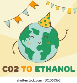 CO2 to ethanol, happy planet Earth celebrates this breakthrough, doodle childish style, vector illustration