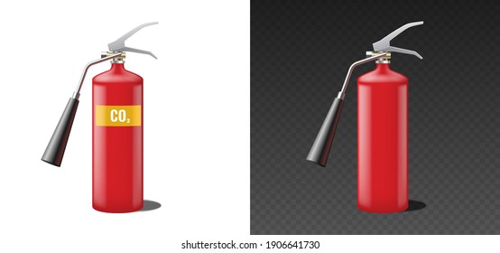 CO2 fire extinguisher with carbon dioxide label and blank, red realistic template mockup isolated. Portable fire extinguishing. 3d vector illustration